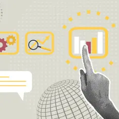 Grafika z ikonami: wykres, lupa, lista, koła zębate. Palec wskazujący dotyka wykresu.