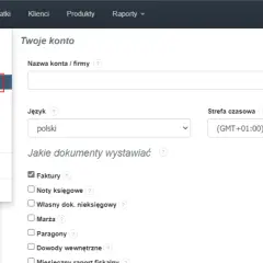 Menu "Przychody" z opcją "Faktury Zaliczkowe" podświetloną. Ustawienia konta i wybór dokumentów do wystawienia.
