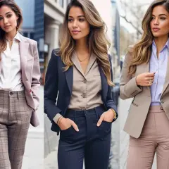 Trzy kobiety prezentują stylizacje smart casual damski: w różowej marynarce i kratowanych spodniach, granatowym komplecie oraz beżowej marynarce z pudrowymi spodniami.