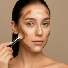 Kobieta z nałożonymi ciemniejszymi i jaśniejszymi kosmetykami na twarz, przygotowuje się do konturowania twarzy.