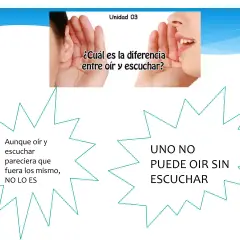 Imagen que ilustra la diferencia entre oír y escuchar. Una persona acerca su mano a la oreja, mientras otra susurra. Se lee: "Aunque oír y escuchar pareciera que fuera lo mismo, NO LO ES. UNO NO PUEDE OIR SIN ESCUCHAR.