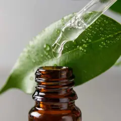 Una goccia di liquido trasparente cade da un contagocce su una foglia verde bagnata. La glicerina, cos'è? Un ingrediente idratante essenziale.