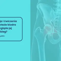Rehabilitacja po endoprotezie biodra. Grafika przedstawia miednicę z zaznaczonymi stawami biodrowymi, sugerując przykurcz biodra.
