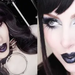 Mujer con maquillaje gótico: ojos dramáticos con sombras moradas y negras, pestañas largas y labios oscuros.