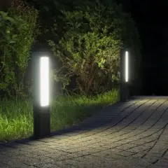 Dwa nowoczesne słupki LED oświetlają ścieżkę z kostki brukowej w ogrodzie.