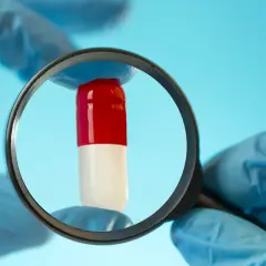 Rękawiczki badają kapsułkę z lupą. Czy to tramadol bez recepty?