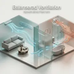 Illustration visar balanserad ventilation i ett hem. Frisk luft tillförs till vardagsrummet, medan fuktig luft från badrummet ventileras ut.