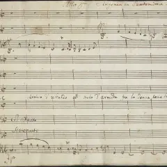 Stary rękopis nutowy, uwertura "Sinfonia in Pantomima". Widoczne instrumenty: skrzypce, obój, rogi, fagoty, wiolonczele, basy.