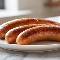 Drei goldbraun gebratene Salsiccia-Würste liegen auf einem weißen Teller. So kann man Salsiccia kochen!