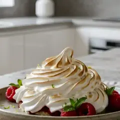 Un dessert aérien avec une meringue italienne dorée, des framboises fraîches et des feuilles de menthe sur une assiette.