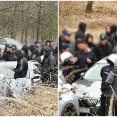 Grupa osób w kapturach otacza samochody. Wygląda to na ustawkę, być może związaną z nielegalnym procederem.