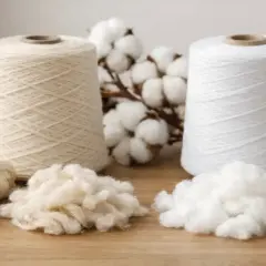 Deux cônes de fil de coton ring spun, de la bourre de coton et des capsules de coton sur une table en bois.