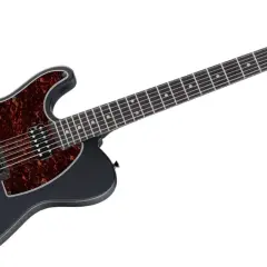 Czarna, matowa gitara elektryczna leworęczna z tortoishelowym pickguardem i czarnym osprzętem.