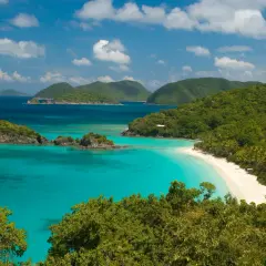 Rajska plaża z turkusową wodą i bujną zielenią, typowa dla Brytyjskich Wysp Dziewiczych.