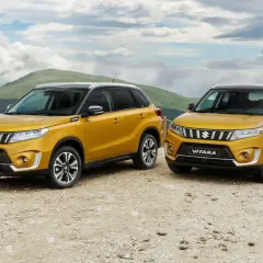 Dos Suzuki Vitara amarillos listos para la prueba en un paisaje montañoso.