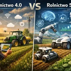 Rolnictwo 4.0: rolnik z tabletem steruje traktorem, satelita i Wi-Fi. Rolnictwo 5.0: robotyzacja, AI, autonomiczne maszyny.