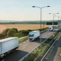 Ciężarówki na autostradzie, symbol nowoczesnych systemów monitorowania ładunków w transporcie. Słońce zachodzi nad polami.
