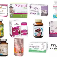 Suplementy diety z DHA dla kobiet w ciąży: Pregna DHA, Gold DHA, Prenatal DHA, Symvital DHA, Omegamed pregna, Baby & Me 2, Prenacaps DHA, Equazen mumomega, Pregnalife DHA z alg.