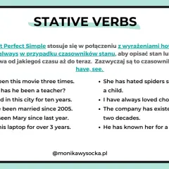 Strona o czasownikach stanu (stative verbs) w języku angielskim, wyjaśniająca użycie Present Perfect Simple z wyrażeniami określającymi, **jaki czas** coś trwa.