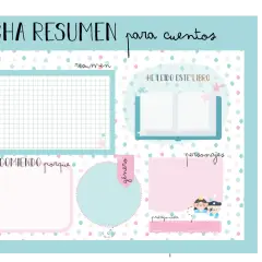 Plantilla para escribir un resumen de cuentos, con secciones para resumen, género, personajes y recomendación.