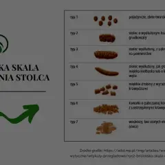 Bristolską skalę uformowania stolca przedstawia tabela z 7 typami, od twardych grudek po wodnistą ciecz, ilustrująca różne konsystencje stolca.