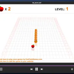 A 3D worm game, likely a .swf file for Mac, shows a segmented orange worm on Level 1, with two apples collected.