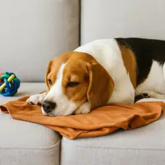 Smutny beagle leży na kanapie obok zabawek. Jak zostawić szczeniaka samego w domu, by nie tęsknił?