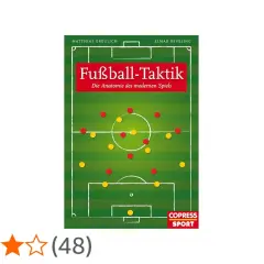 Buchcover "Fußball-Taktik" zeigt ein Spielfeld mit roten und gelben Punkten, die Spielerpositionen darstellen. Es erklärt, was ist Taktik im modernen Fußball.