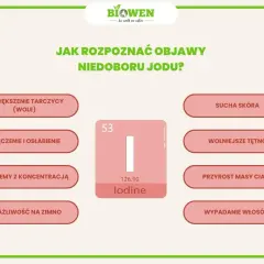 Objawy niedoboru **jodu**: powiększenie tarczycy, zmęczenie, problemy z koncentracją, sucha skóra, wolniejsze tętno, przyrost masy ciała, wypadanie włosów.