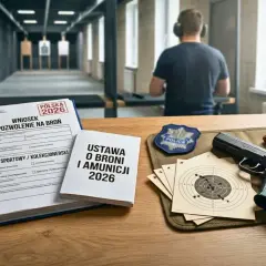 Formularz wniosku o pozwolenie na broń, pistolet, magazynki, tarcze strzelnicze i odznaka policyjna.