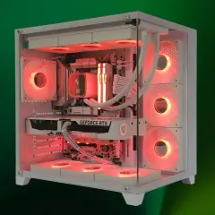 Ein leistungsstarker **PC von innen**, beleuchtet mit rotem Licht. Man sieht Lüfter, eine Grafikkarte und den CPU-Kühler.