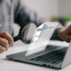 Analiza dokumentu za pomocą lupy i laptopa. To pokazuje, jak działa ocr co to jest i jak ułatwia pracę z danymi.