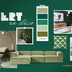 Ambiance "Vert en déco" explorant diverses nuances de vert : canapé, coussin, palette de couleurs, papier peint, lampe et cuisine.