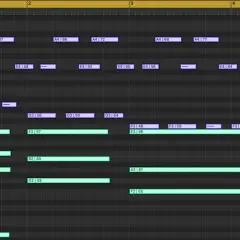 Noten auf einem Piano-Roll-Editor, der eine musikalische Komposition zeigt.