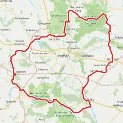Mapa z zaznaczonymi trasami rowerowymi wokół Poznania, prowadzącymi przez tereny zielone i malownicze krajobrazy.