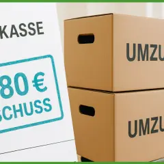 Pflegekasse zeigt 4.180€ Zuschuss. Umzugskosten bei Pflegegrad 3 werden so erleichtert. Umzugskartons und ein Rollator sind zu sehen.