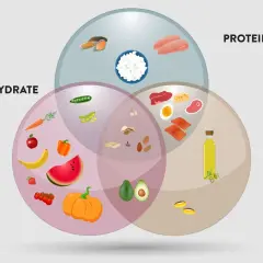 Venn-Diagramm zeigt, was sind Makros: Kohlenhydrate (Obst, Gemüse), Proteine (Fleisch, Fisch, Eier) und Fette (Öl, Nüsse, Avocado).
