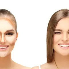 Donna con trucco per scolpire il viso, evidenziando gli zigomi alti. Accanto, il risultato finale: un volto radioso e definito.