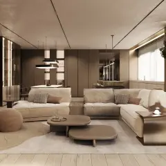 Przytulny salon w stylu quiet luxury, z beżową sofą, drewnianymi stolikami i subtelnym oświetleniem.