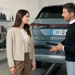 Klientka rozmawia z pracownikiem serwisu Audi o akcjach serwisowych. Na ścianie widoczne opony i akcesoria.