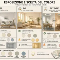 Guida ai tipi di pittura per interni: esposizione e scelta del colore in base alla luce. Consigli per ogni orientamento.