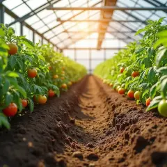 Rzędy dojrzewających pomidorów w szklarni, idealne do planowania, co ile sadzić pomidory w szklarni.