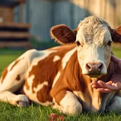 Une vache miniature d'élevage, au pelage brun et blanc, se repose sur l'herbe. Une main caresse doucement sa tête.