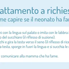 Segnali di fame del neonato per un allattamento a richiesta: schiocchi di lingua, ricerca del seno, succhiarsi mani/piedi e pianto.