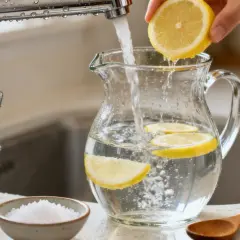 Une main ajoute une tranche de citron dans une carafe d'eau, une astuce pour comment adoucir l'eau. Sel et cuillère en bois à proximité.