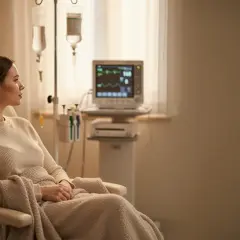 Kobieta w fotelu czeka na zakończenie terapii. Zastanawia się, ile trwa chemioterapia, podczas gdy kroplówka powoli się wchłania.