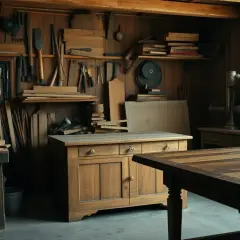 Laboratorio di falegnameria con attrezzi e mobili in legno, pronto per il restauro mobili prima e dopo.