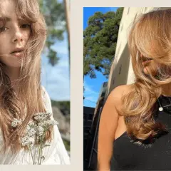 Dos estilos de cabello con flequillo mariposa, uno con un look natural y otro con ondas voluminosas.