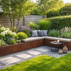 Gemütliche Sitzecken im Garten laden zum Verweilen ein. Eine L-förmige Bank aus Holz mit Kissen, umgeben von üppiger Bepflanzung und einem Cortenstahl-Beet.