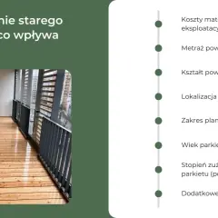 Cyklinowanie starego parkietu - co wpływa na cenę? Lista czynników: koszty materiałów, metraż, kształt, lokalizacja, zakres prac, wiek i stan parkietu.